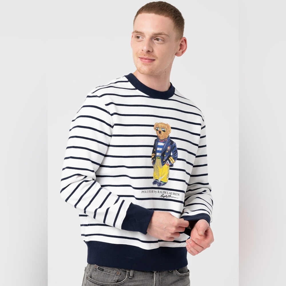 Polo by Ralph Lauren Men's Bear Striped Sweatshirt - Navy and White Size Large